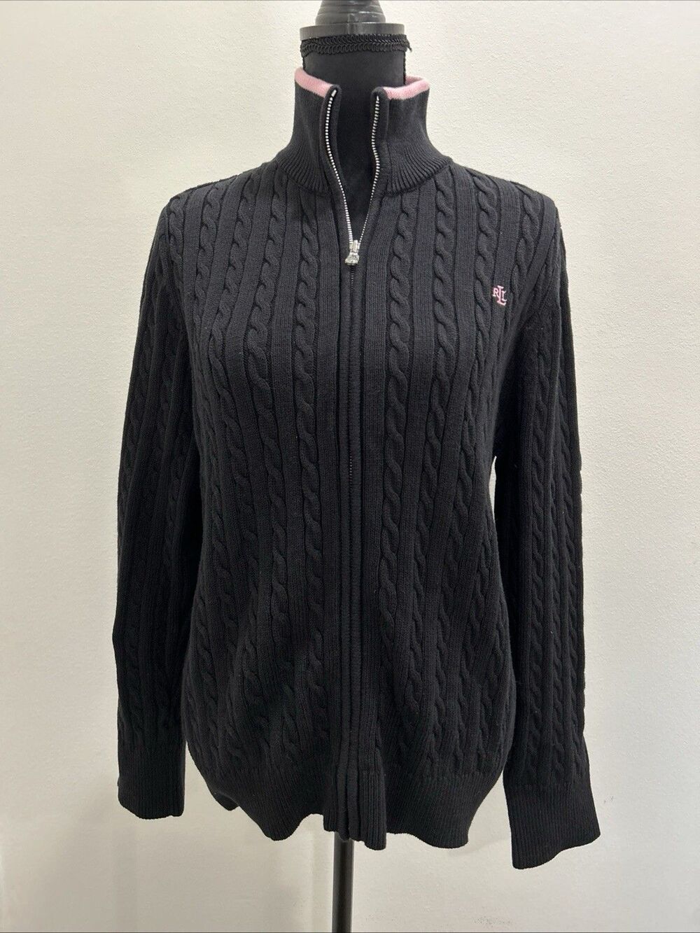 Lauren Ralph Lauren Womens XL Black Cable Knit Sweater Full Zip Pink Logo Y2K
